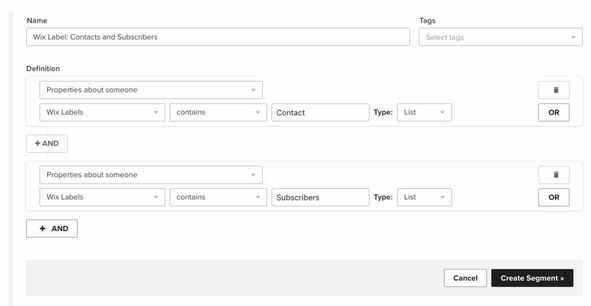 Segment builder with segment Wix Label Contacts and Subscribers
