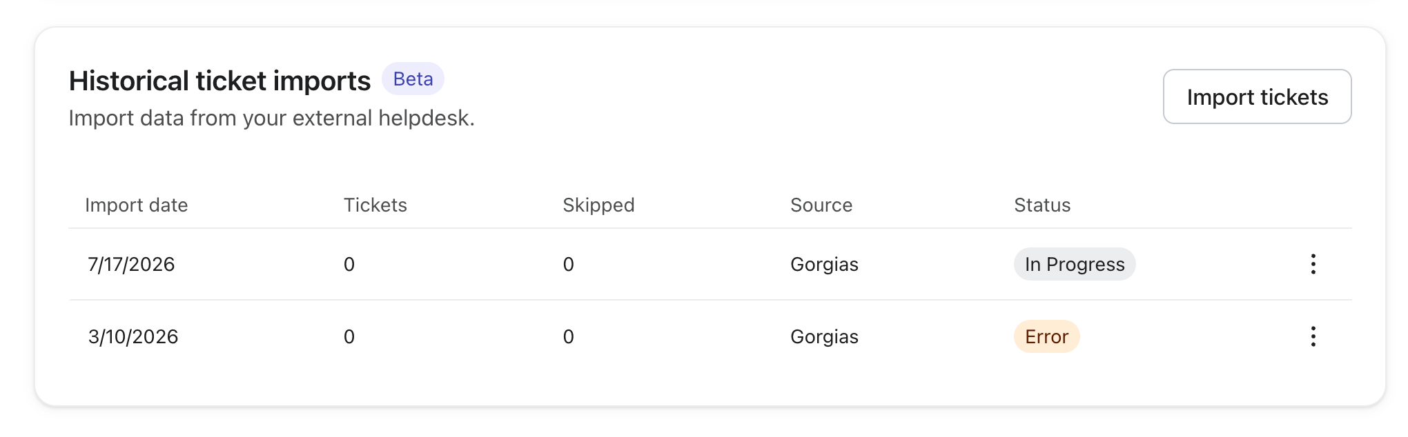 Table of historical ticket imports showing 'In Progress' and 'Error' statuses for Gorgias imports, with an 'Import tickets' button.