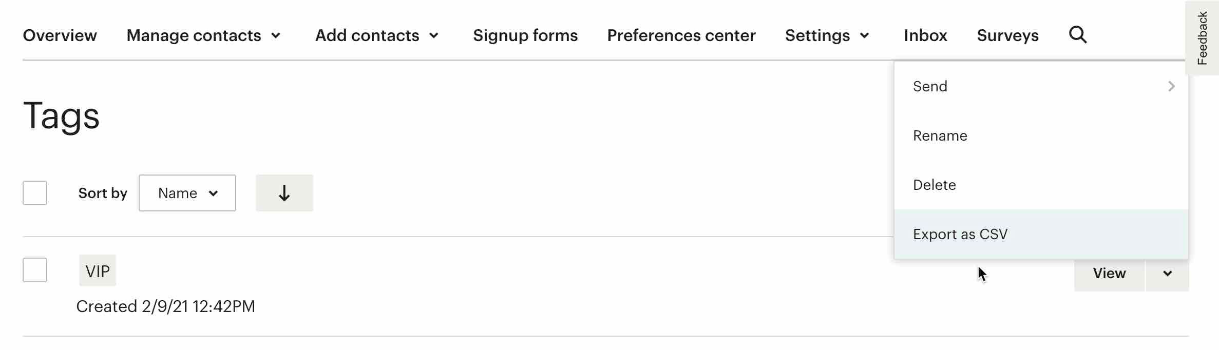 In Mailchimp’s Tags settings, View menu is selected on right-hand side of page for VIP tag, and mouse is hovering near Export as CSV option