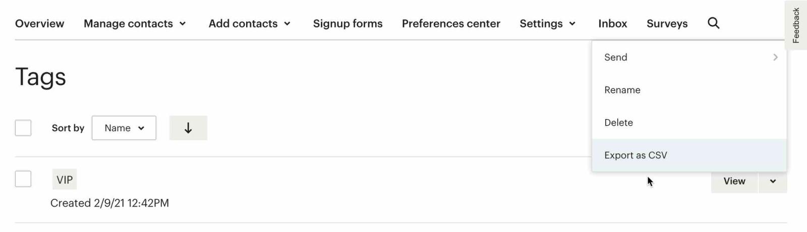 In Mailchimp’s Tags settings, View menu is selected on right-hand side of page for VIP tag, and mouse is hovering near Export as CSV option