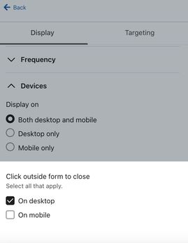 The Click outside form to close menu within the Devices section for an example form showing On desktop toggled on and On mobile toggled off. 