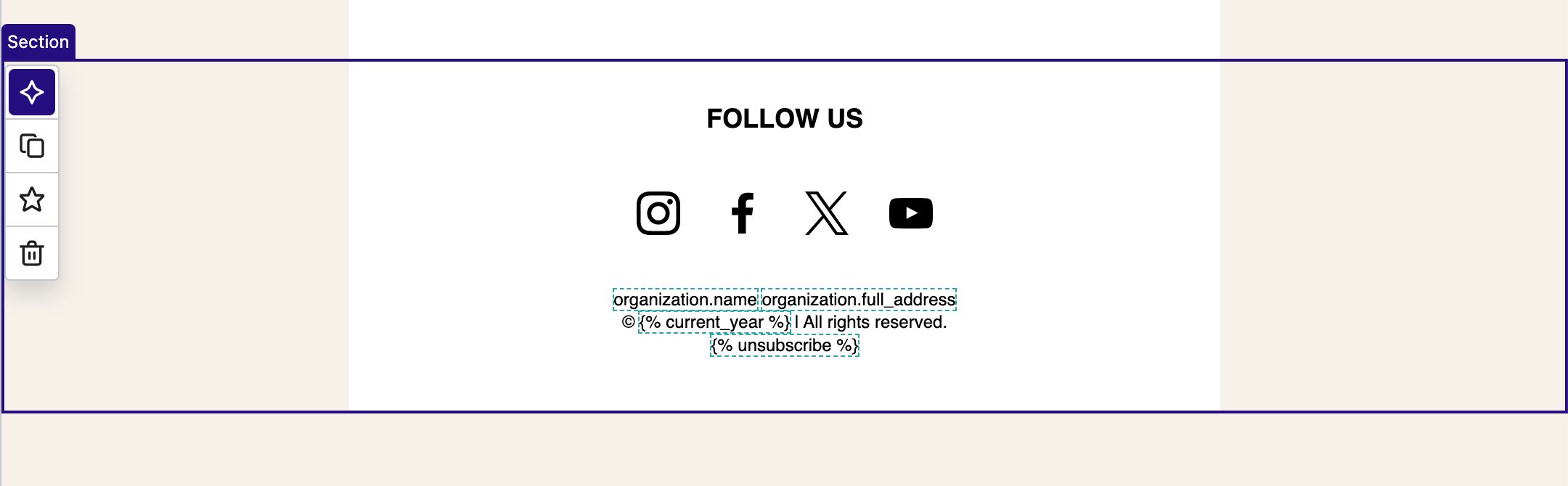 A footer section selected on a template in the editor and showing the star icon option highlighted on the editing options menu.