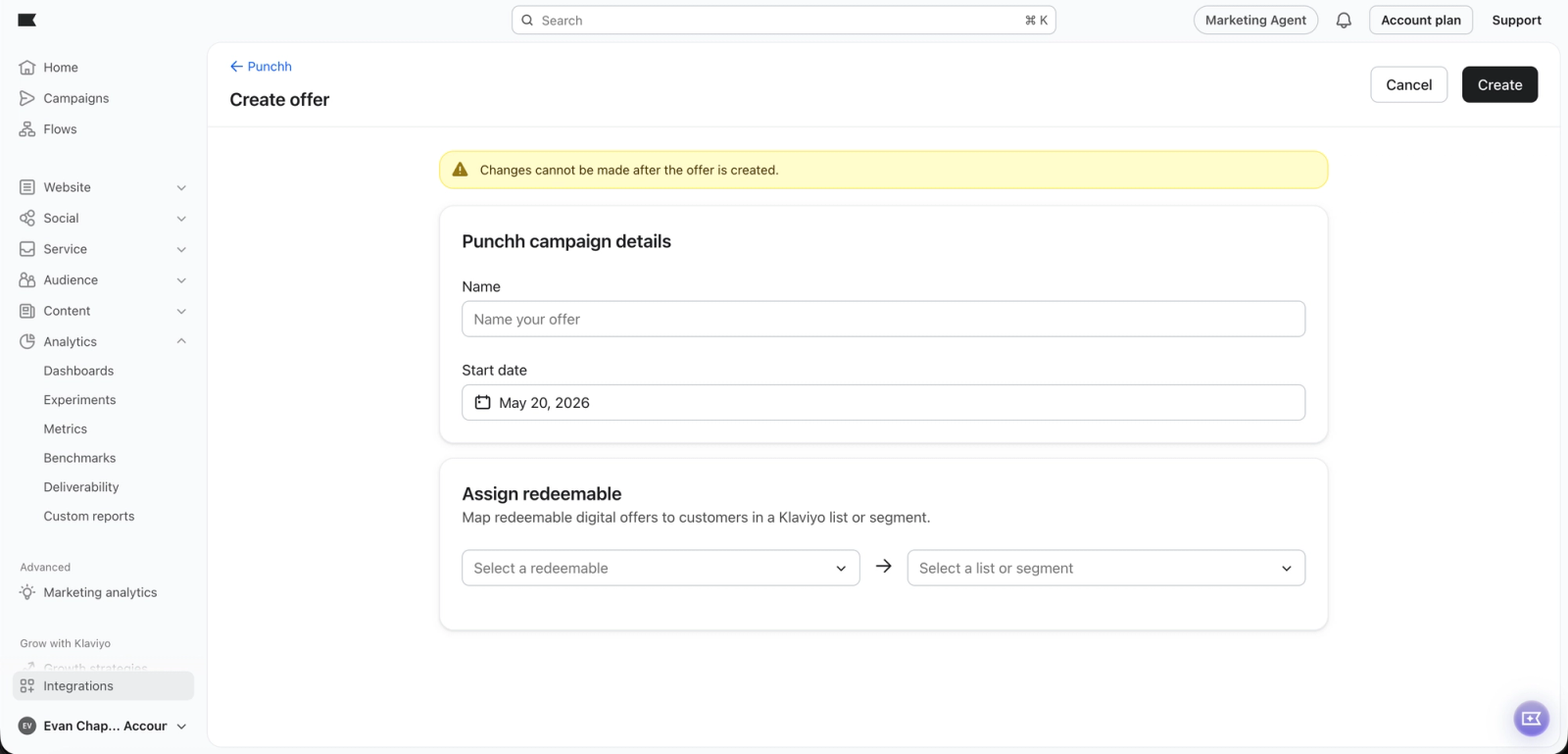 Screenshot of a marketing platform's 'Create offer' page, showing input fields for campaign details, redeemable assignment, and a warning about final changes.