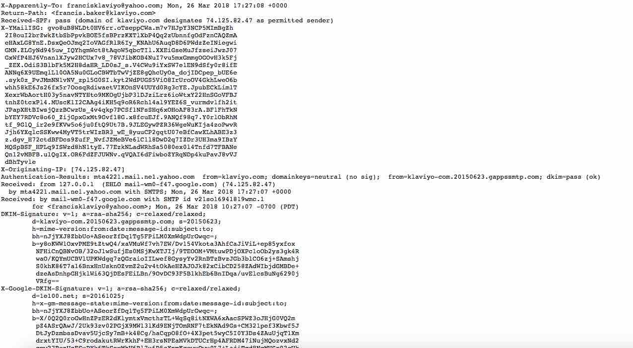 Window with raw header for email in Yahoo inbox