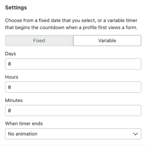 Variable settings for countdown timer