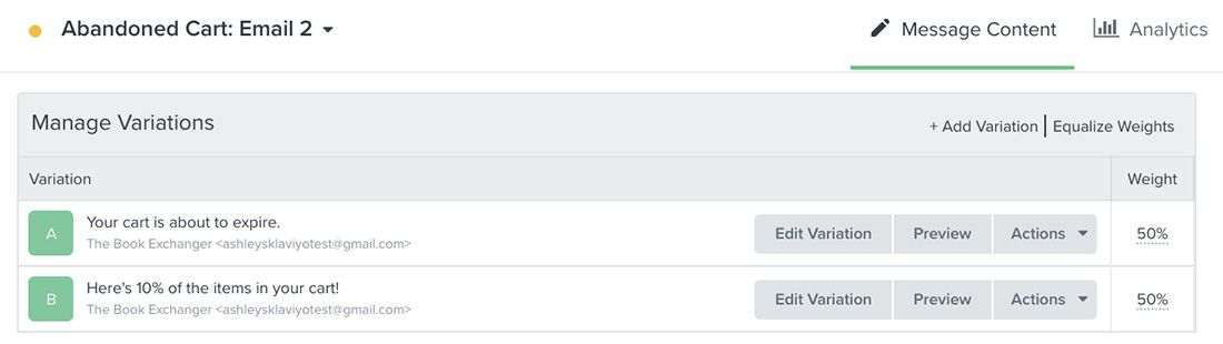 Example of an abandoned cart email with two variations for testing