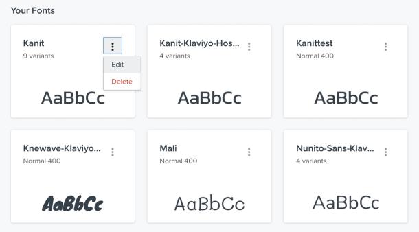 The Your Fonts section of the Images and Brand tab showing the 3 dots menu selected on an example font.