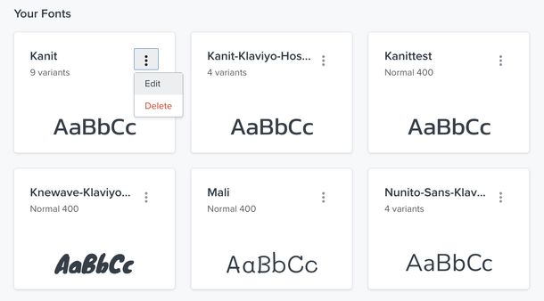 The Your Fonts section of the Images and Brand tab showing the 3 dots menu selected on an example font.