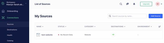 List of sources in Connections tab in Segment showing test website in list
