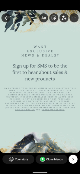 Example of image encouraging SMS signups along with disclosure language for Instagram story