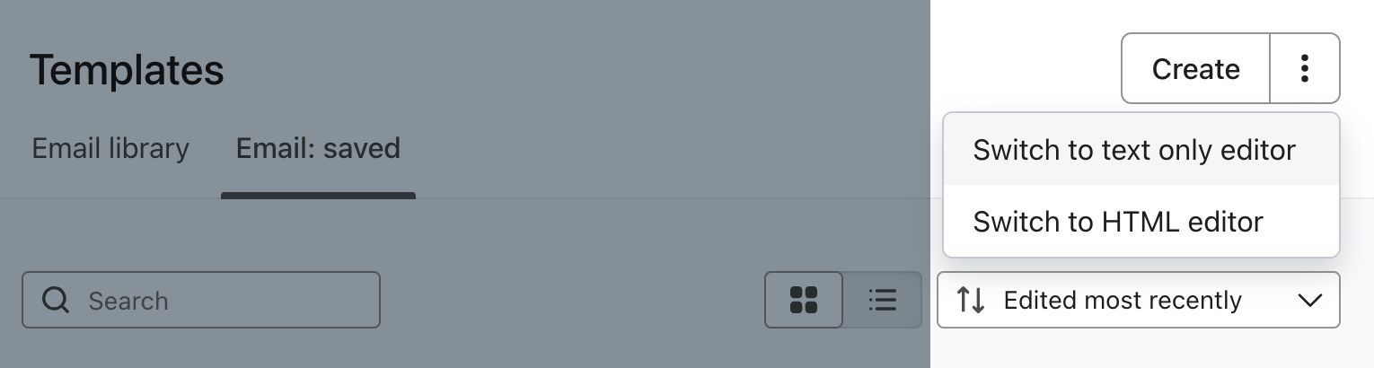 The Switch to text only editor button on the Templates page.
