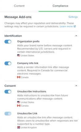 Klaviyo SMS message's compliance tab showing toggle to automatically add your organization’s name to the start of the message