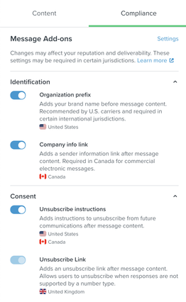 Klaviyo SMS message's compliance tab showing toggle to automatically add your organization’s name to the start of the message