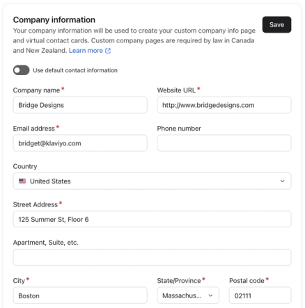 Company info fields including name, URL, email address, phone number, address, and to add a logo