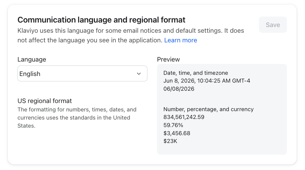 Settings page displaying communication language and US regional format with previews of date, time, numbers, and currency.