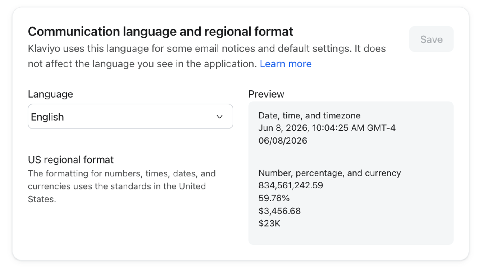 Settings page displaying communication language and US regional format with previews of date, time, numbers, and currency.