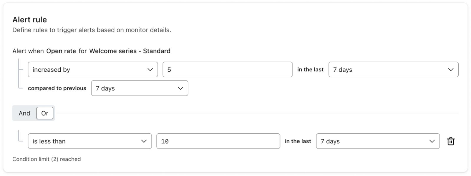 Example alert rule with conditions that must be met to trigger alert