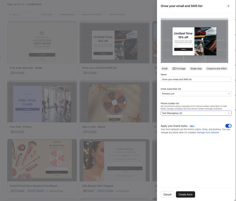 Configuration dialog 'Grow your email and SMS list' with form settings and a pop-up preview, over a form template selection screen.