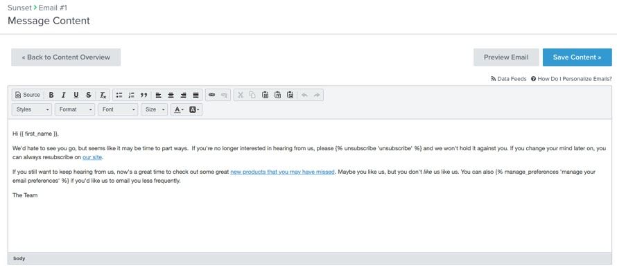 Message content editor with a message containing language appropriate for a sunset email