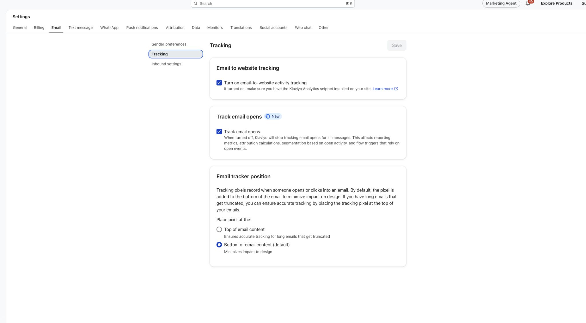 A screenshot of a digital marketing platform's email settings, showing the "Tracking" section with options for email to website tracking, tracking email opens, and email tracker position.