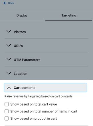 The Cart contents section within the targeting menu where you can choose to trigger a form to appear based on certain cart attributes.