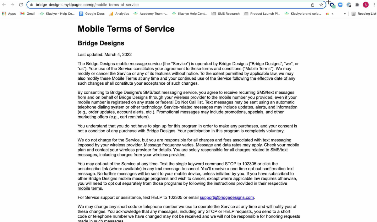 Example of a mobile terms of service hosted by Klaviyo.