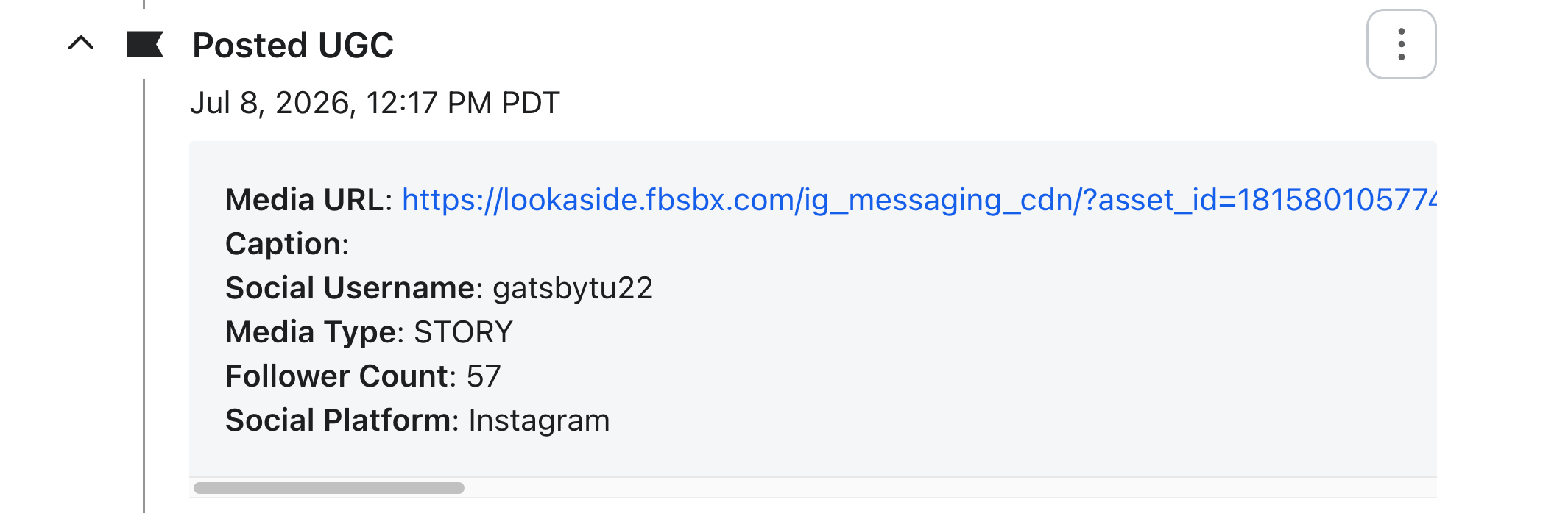 A 'Posted UGC' entry detailing an Instagram Story by gatsbytu22 from July 8, 2026, with 57 followers.