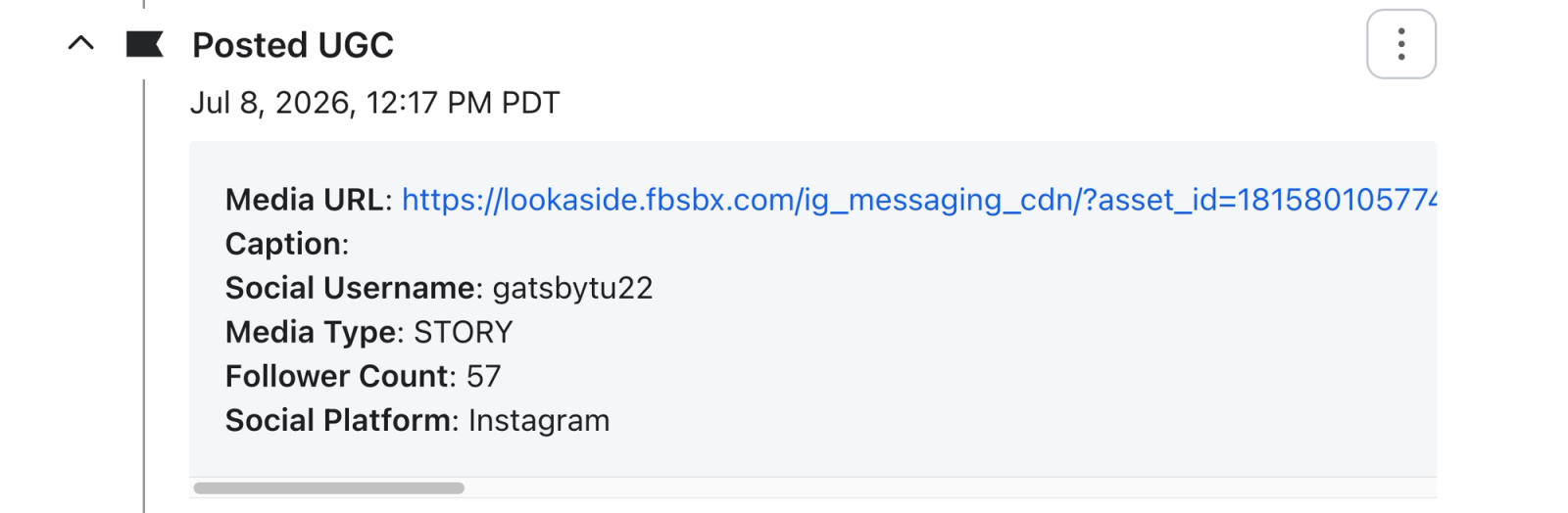 A 'Posted UGC' entry detailing an Instagram Story by gatsbytu22 from July 8, 2026, with 57 followers.