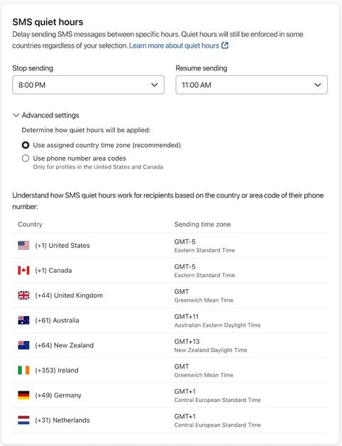 SMS quiet hours set up to not send between 8pm and 11am