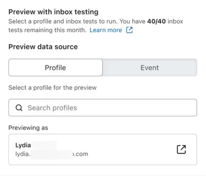 Klaviyo inbox testing setup with options to select a profile or event for email preview.