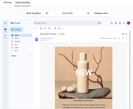 Detailed email preview in Gmail using Klaviyo’s inbox testing, showing a new product announcement.