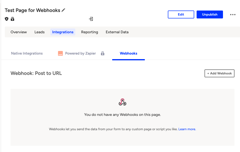Gebruikersinterface met de integratiepagina voor webhooks zonder geconfigureerde webhooks en een knop "Webhook toevoegen".