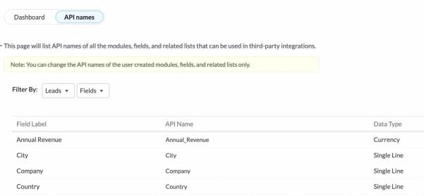 List of API names in Zoho including Field Label and Data Type
