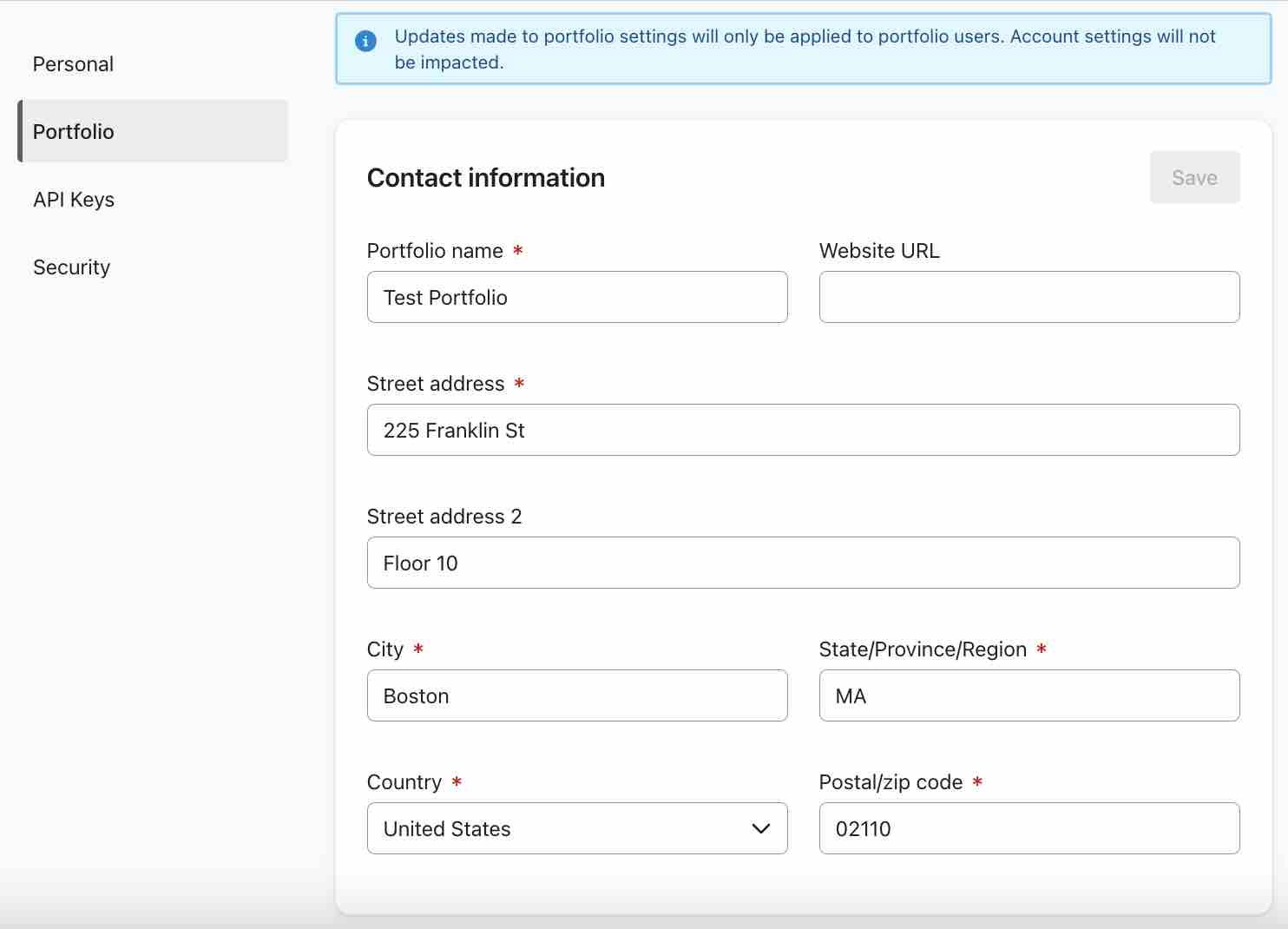Portfolio tab in the settings