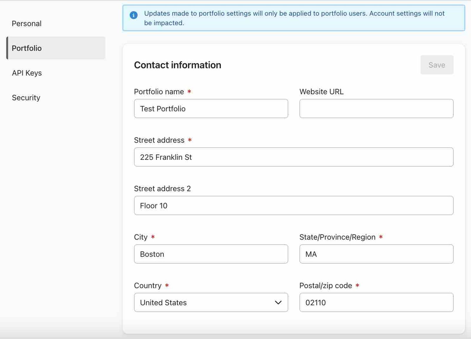 Portfolio tab in the settings