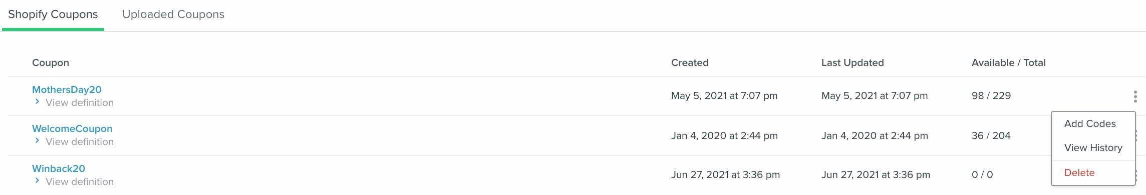 The dropdown menu on the far right side showing Add Codes being selected.