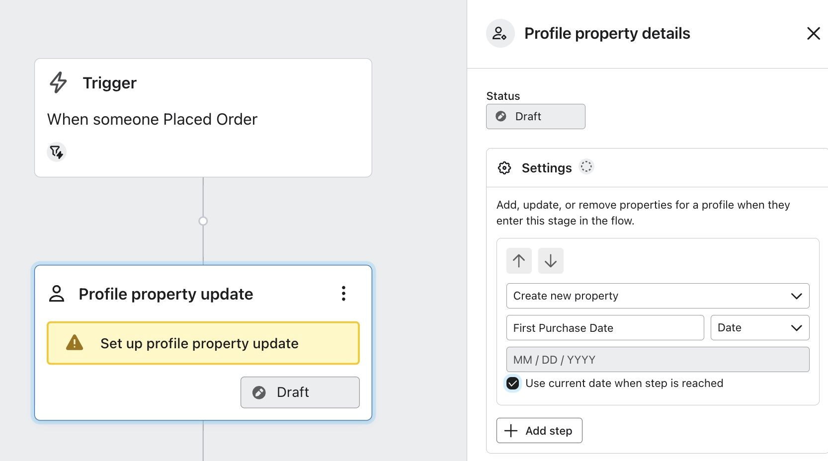 Update profile property action set to create a First Purchase Date property.