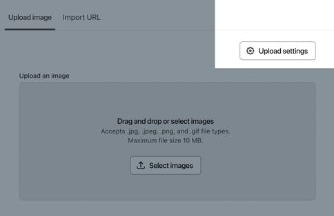 The Upload settings button selected on the Upload image modal.