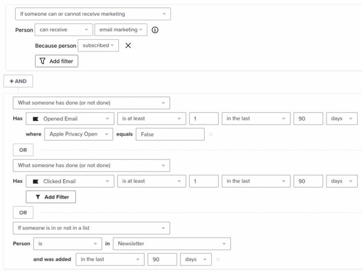 Subscribers that are a part of your main newsletter list and have opened, clicked, or been added to the newsletter list in the 90 days.