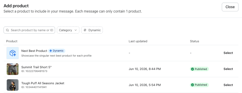 A product selection screen with search, filters, and a list of items including 'Next Best Product', 'Summit Trail Short', and 'Tough Puff All Seasons Jacket'.