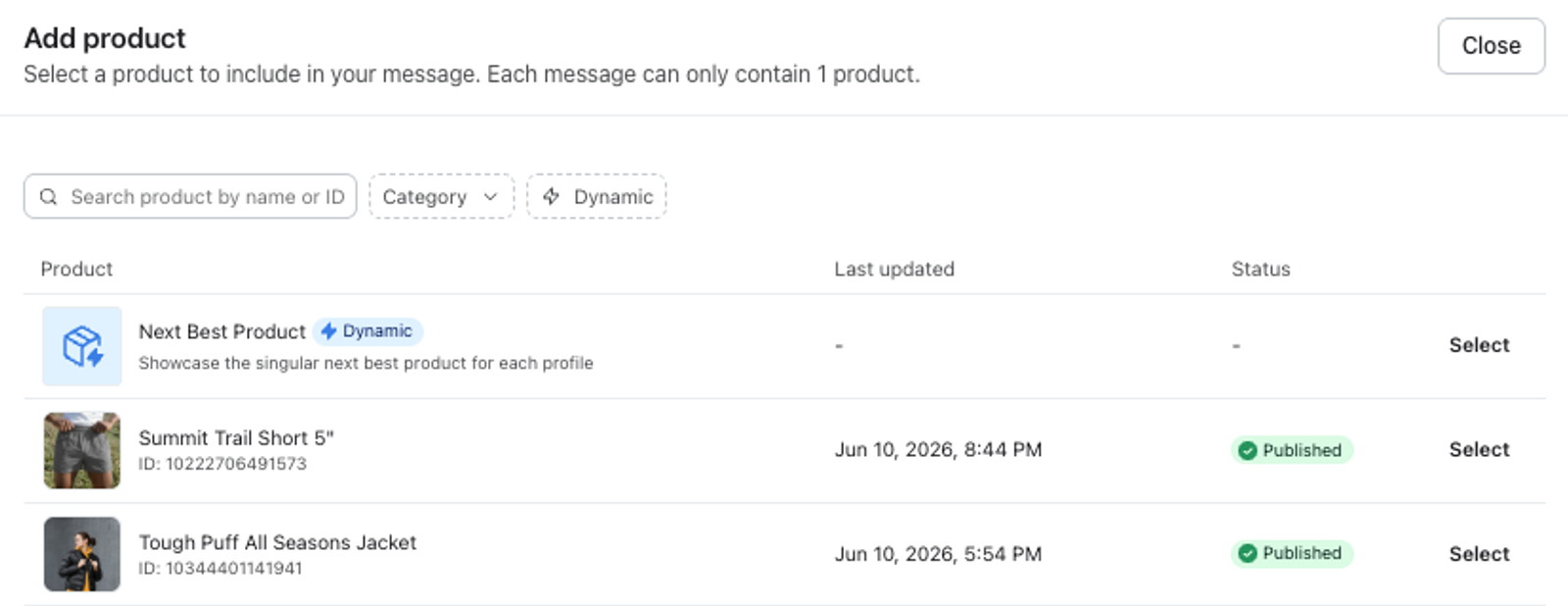 A product selection screen with search, filters, and a list of items including 'Next Best Product', 'Summit Trail Short', and 'Tough Puff All Seasons Jacket'.