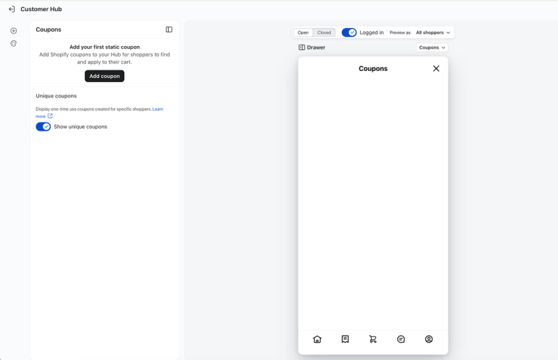 Shopify Customer Hub 'Coupons' page with an 'Add coupon' button and a blank mobile app preview.