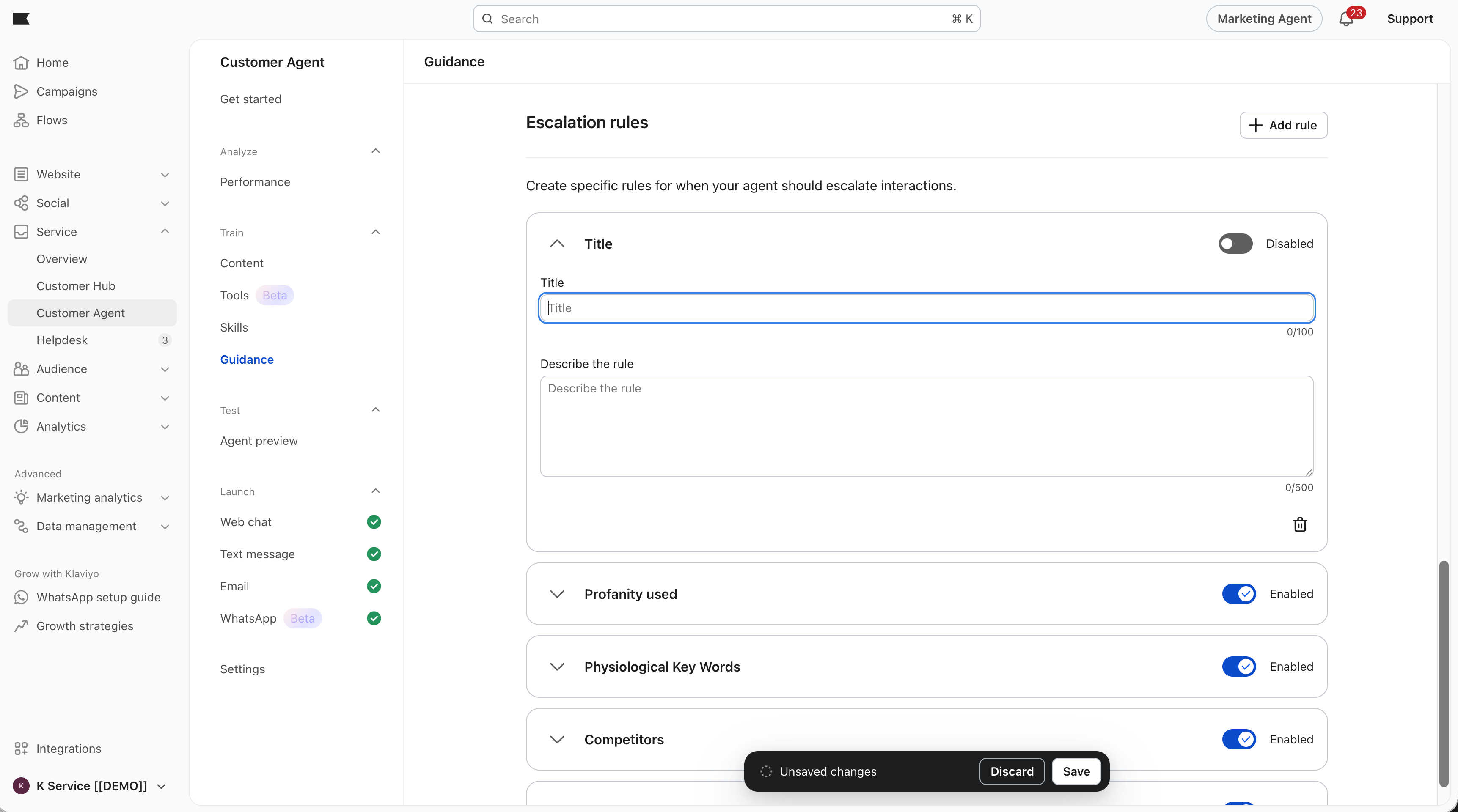 Screenshot: Service > Customer Agent > Guidance — Escalation rules section