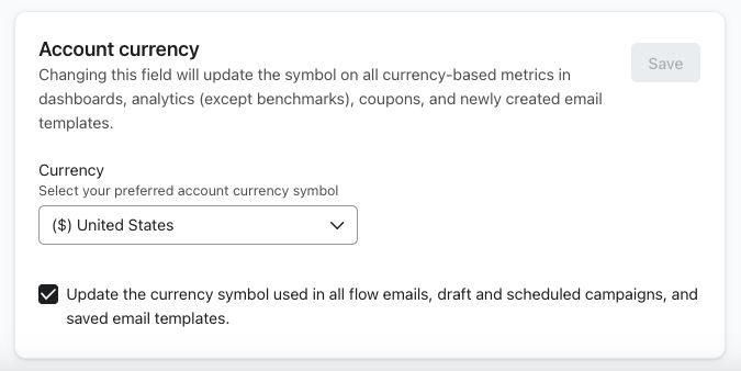 The Account currency tile on the Organization settings page.