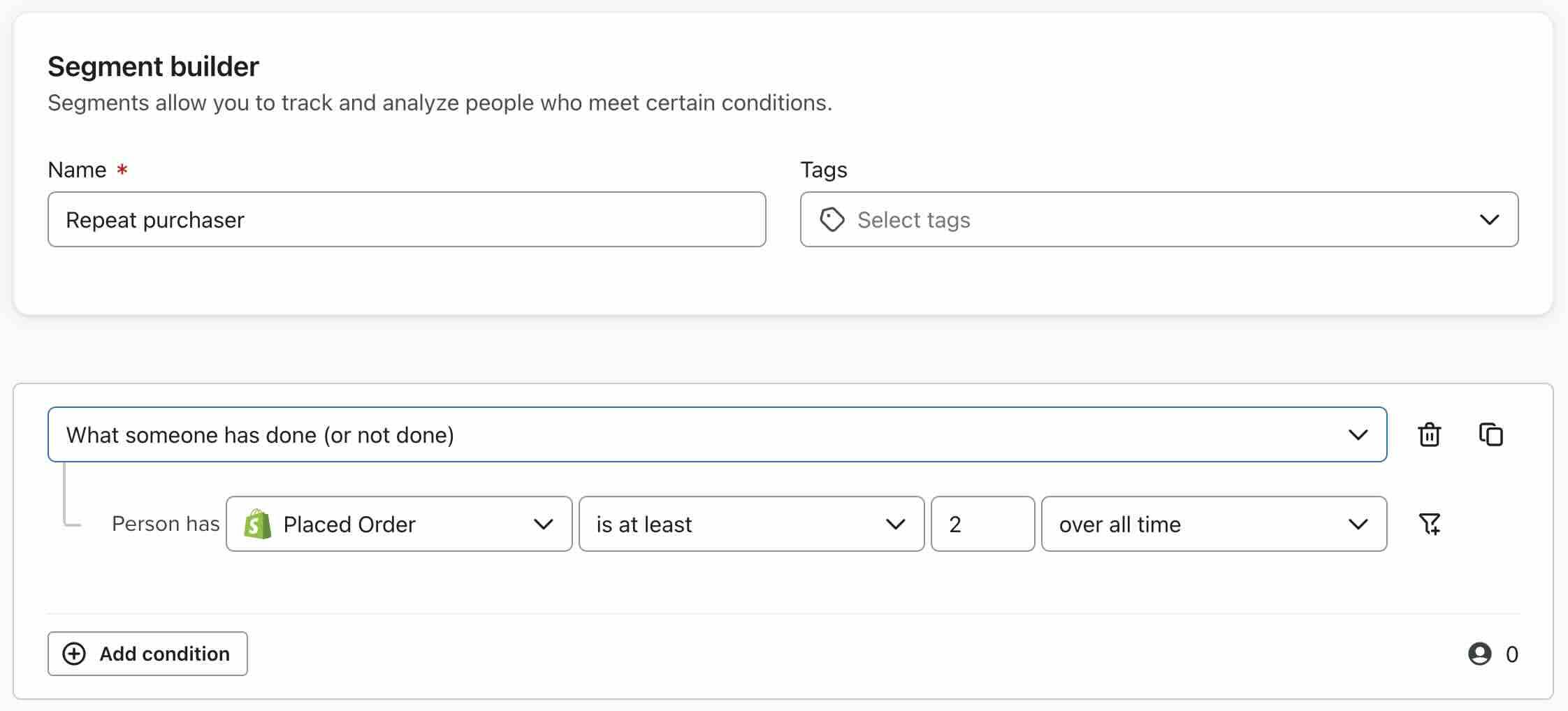 A repeat purchasers segment in Klaviyo