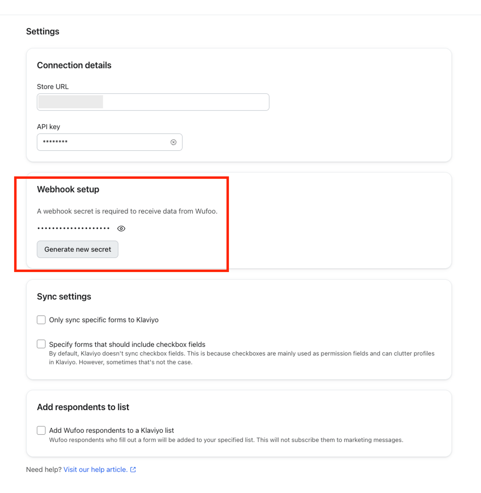 Ein Screenshot einer Einstellungsseite, in dem der Abschnitt „Webhook-Setup“ hervorgehoben ist, der ein maskiertes Eingabefeld für einen geheimen Schlüssel und eine Schaltfläche „Neues Secret generieren“ zeigt.