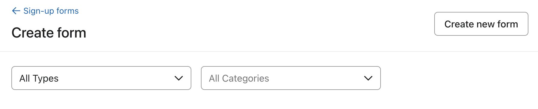 The Sign-up form library in Klaviyo showing two dropdowns for filtering the library by Types and Categories.