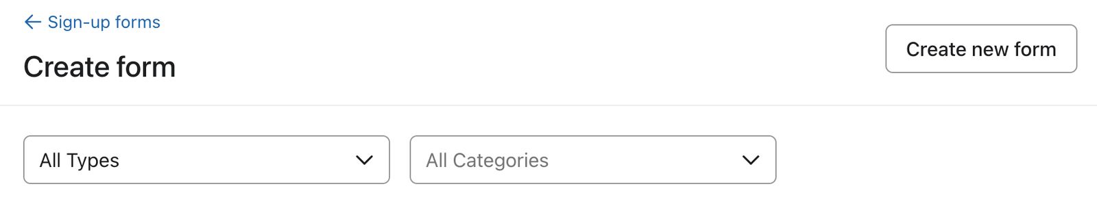 The Sign-up form library in Klaviyo showing two dropdowns for filtering the library by Types and Categories.