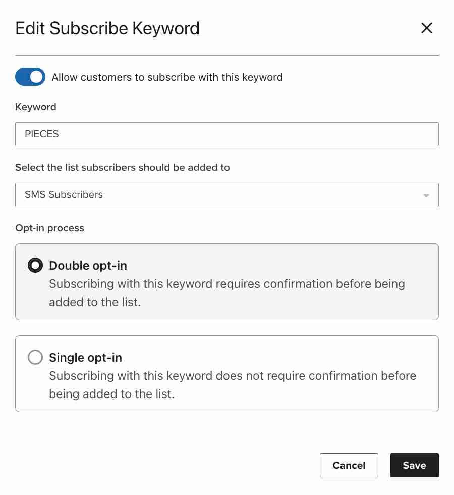 Edit Subscribe Keyword menu showing where you can edit an existing keyword's name, submit list, and opt-in process selection.