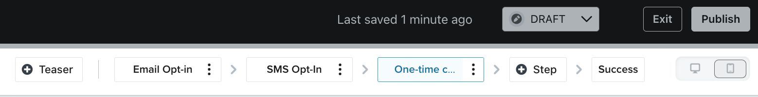 The One-time code step selected in the menu bar of the form editor.